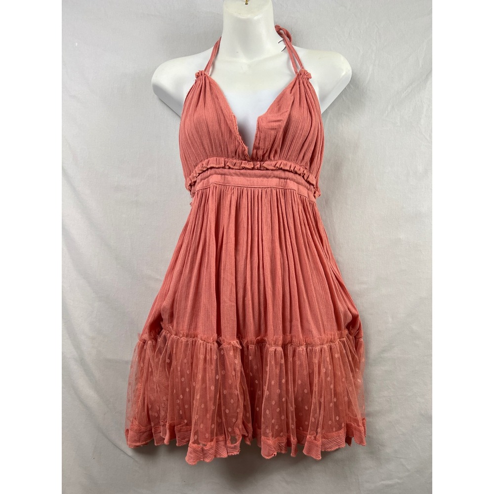 R.Vivimos Mini Dress Womens Medium Coral Pink Boho Halter Swiss Dot Mesh Tiers